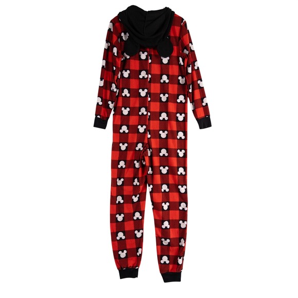 Disney 100 Mickey Mouse Buffalo Plaid Fleece Hooded Union Suit Pajamas Sz Medium - Picture 3 of 9